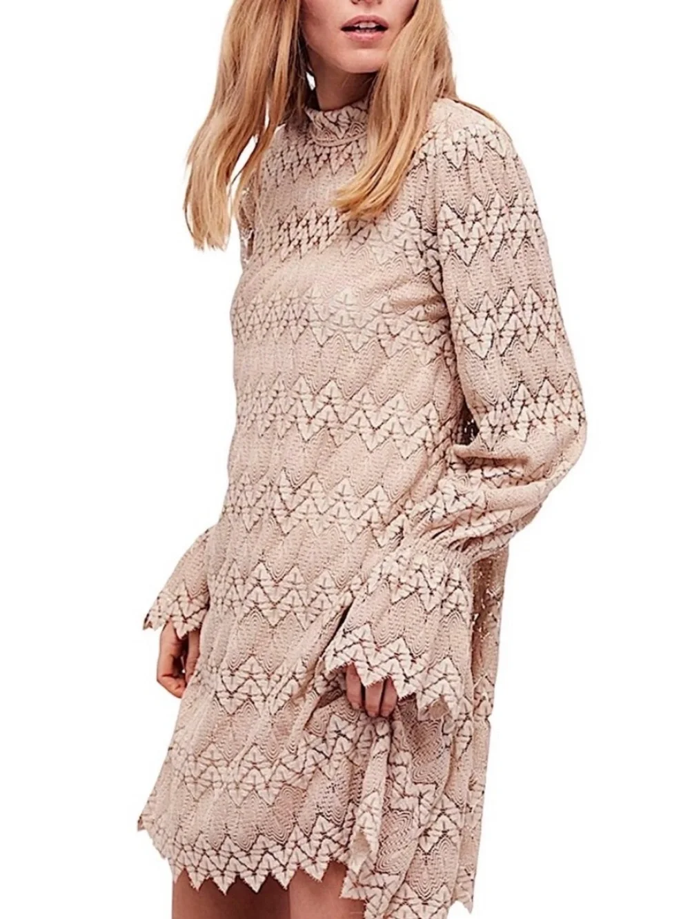 Free People Simone Mini Dress - Chevron Crochet Pattern + Bell Sleeves - Callout